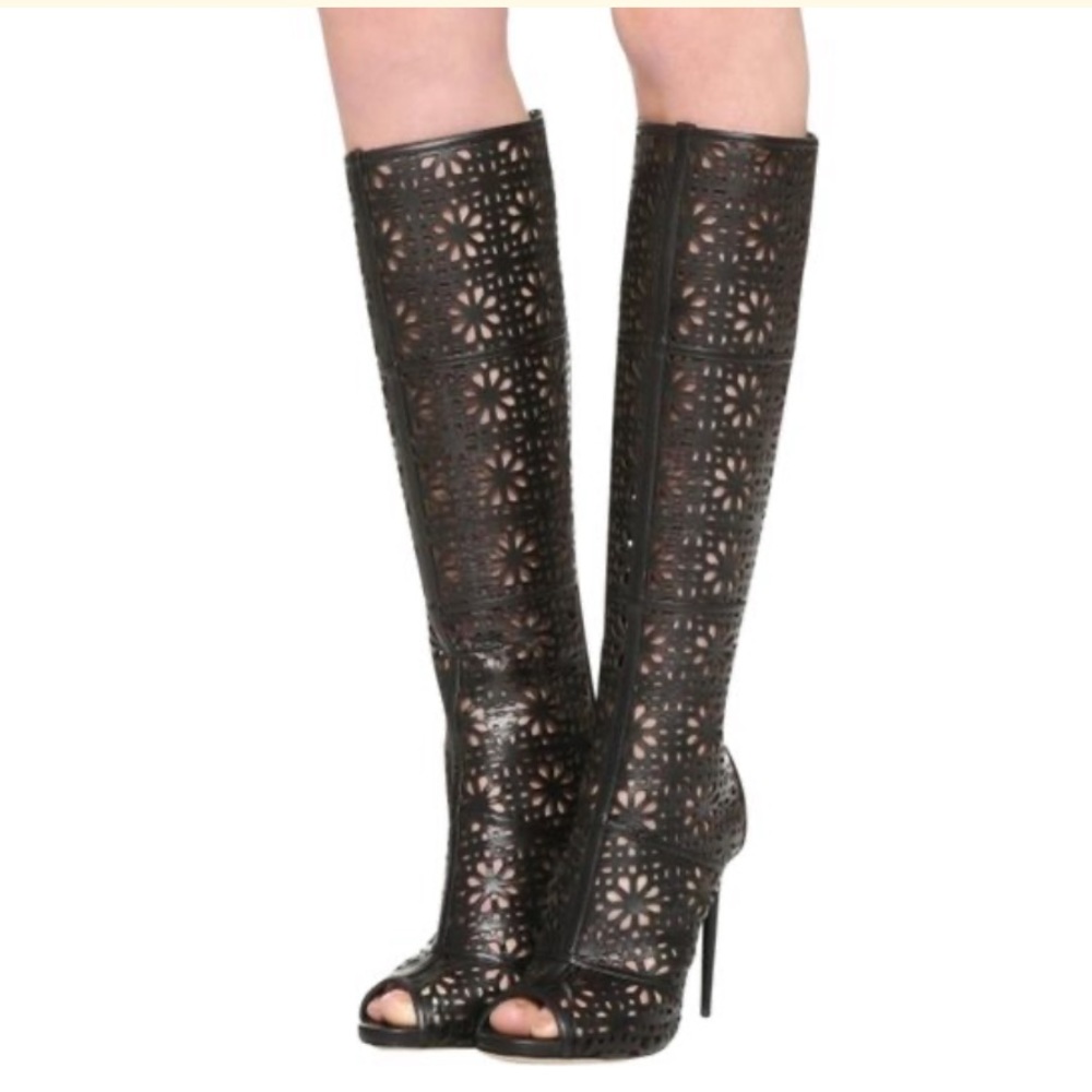 Paul Andrew Laser Cut Peep Toe Tall Leather Boots, Size 37, Retail $1,995, NEW